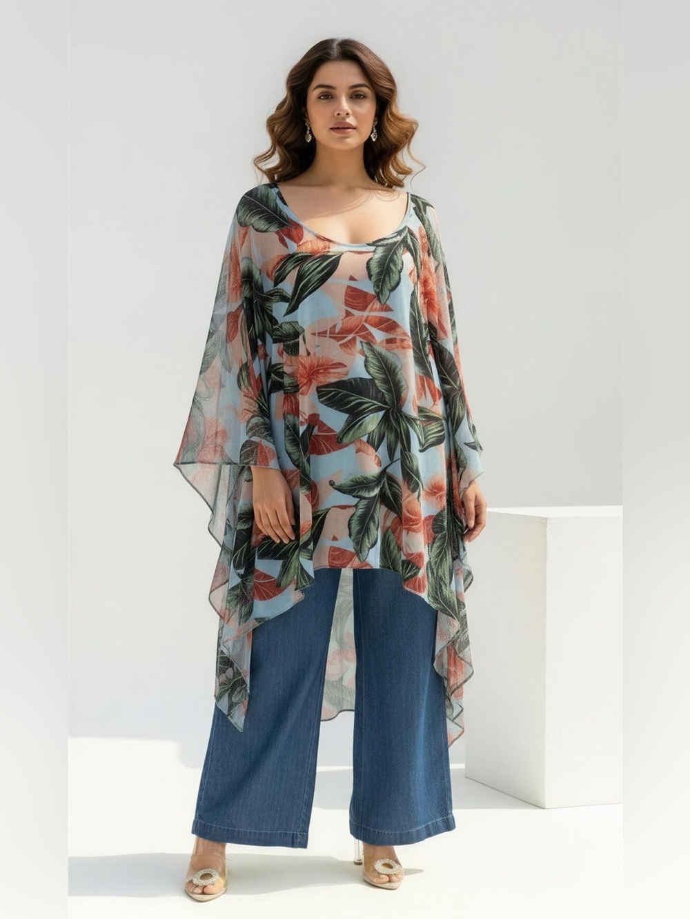 Chacha Vente Size XL Mesh Top Cover up Tropical Palm Tunic Boho Resort Wear Pool